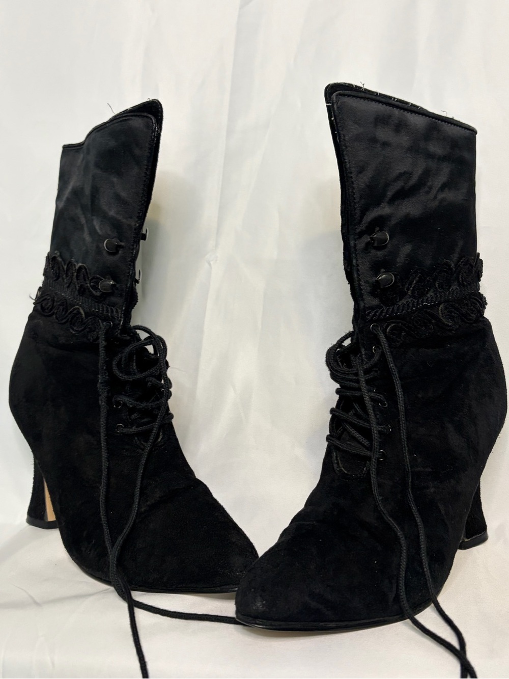 Black Lace-Up Victorian-Inspired Mid-Calf Heels - Picture 2 of 8